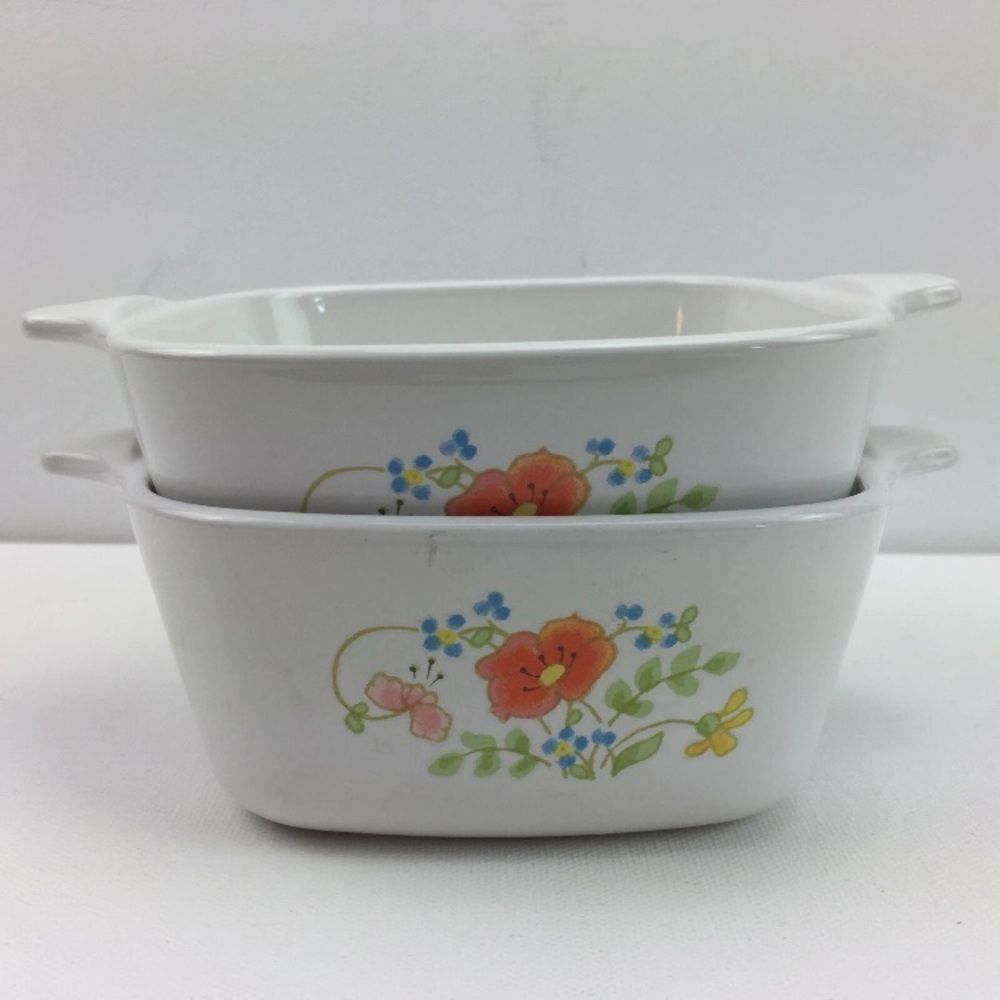 VTG, Corning Ware P-43-B 2 3/4 Cup Pair Floral White Baking Dishes